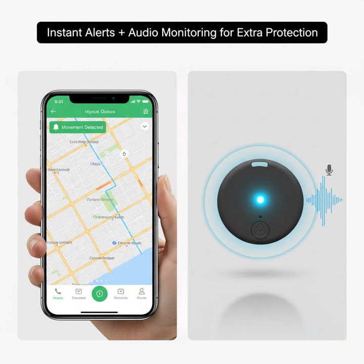 Split image with a phone map showing a movement-detected notification and the black tracker with glowing blue light.