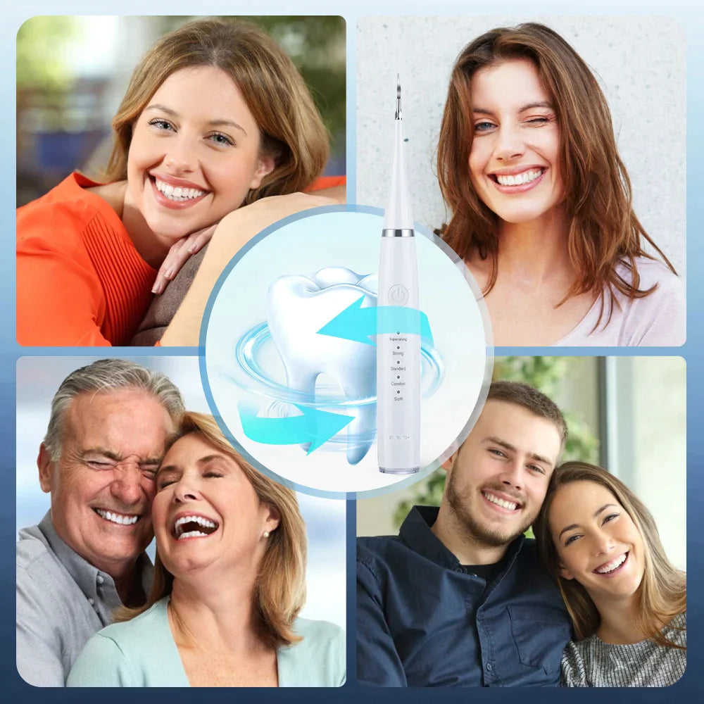 White device with its scaler tip upright, surrounded by photos of smiling people.