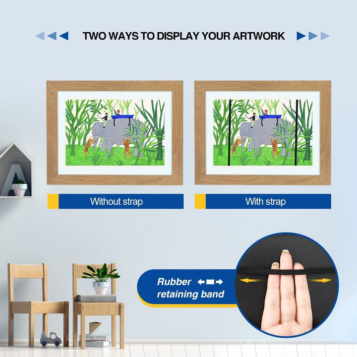 Two wood-tone kids art frames showing an elephant and tigers painting displayed without a strap and with black elastic straps.