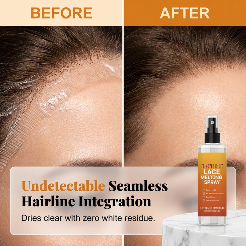 Before-and-after close-ups of a hairline with lace edge and white residue, then a seamless blend.