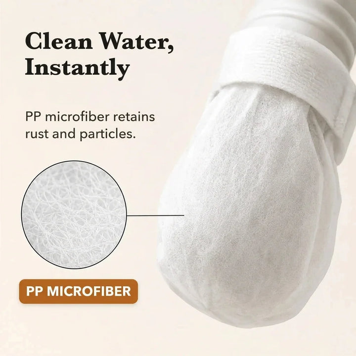 Close-up of a white fibrous filter cover secured by a band on a faucet, with a magnified inset of the fiber texture 3