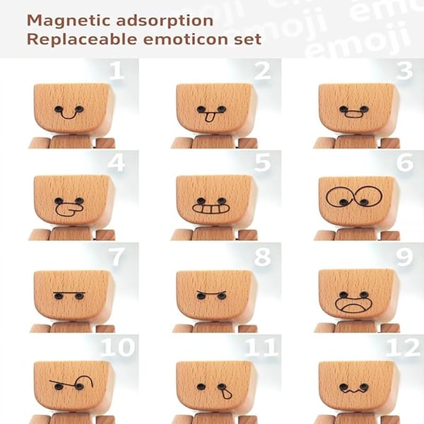 Grid of twelve numbered interchangeable magnetic face expressions shown on the wooden figure's head 8