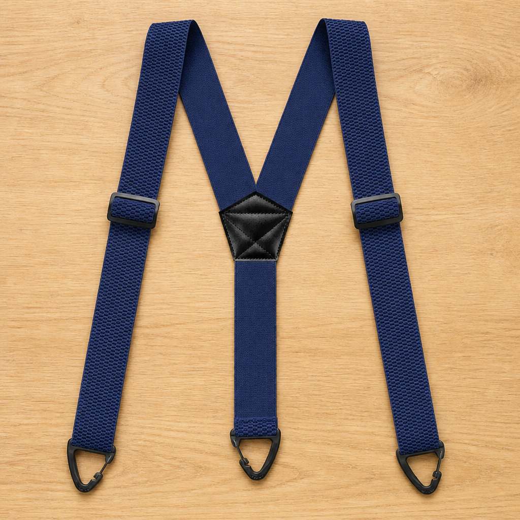 Navy blue Y-back suspenders laid flat with three black clip ends and a black center patch.