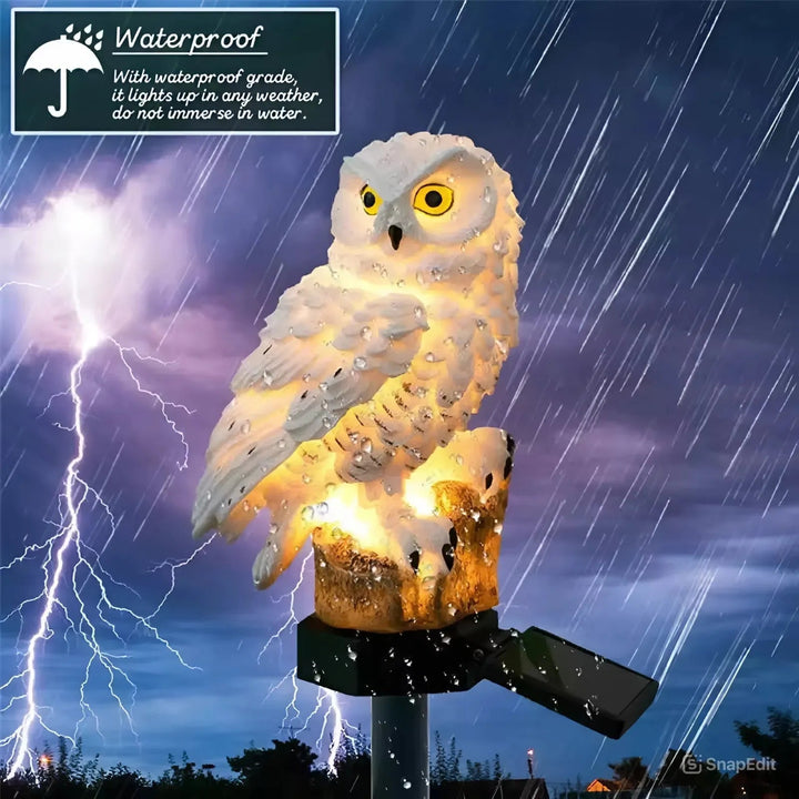 White owl light glowing on a stump perch, beaded with raindrops under a stormy lightning sky 1