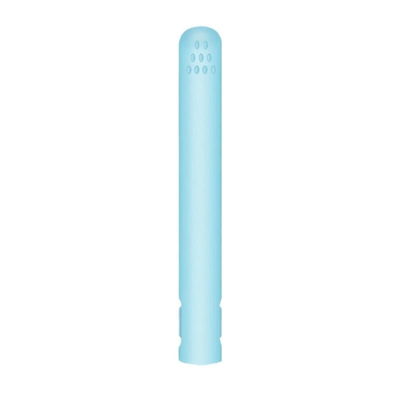 Closed light blue straightener standing upright on a white background, with small vent dots near the top 12