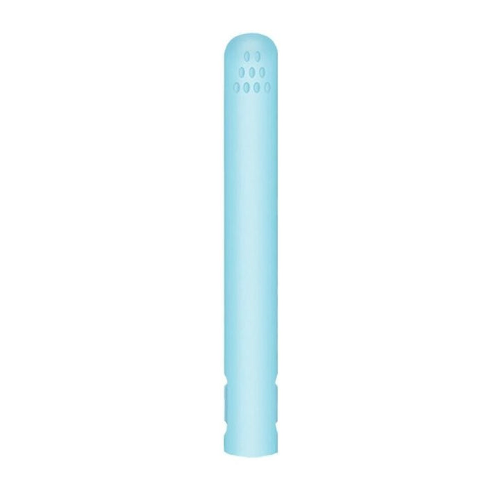 Closed light blue straightener standing upright on a white background, with small vent dots near the top 12