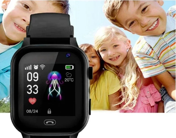 Black smartwatch in the foreground with four smiling children leaning in behind it outdoors 4