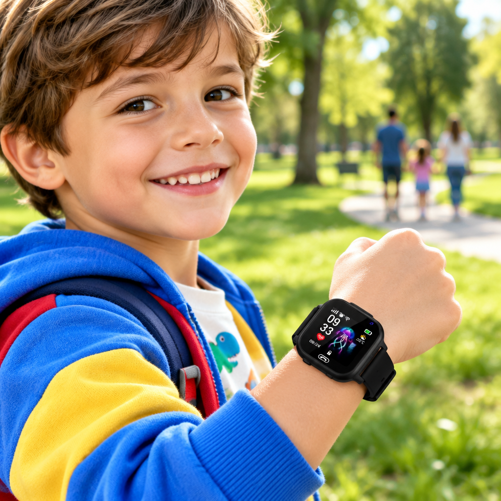 Smiling boy in a blue hoodie holds up his wrist showing a black smartwatch in a sunny park 1