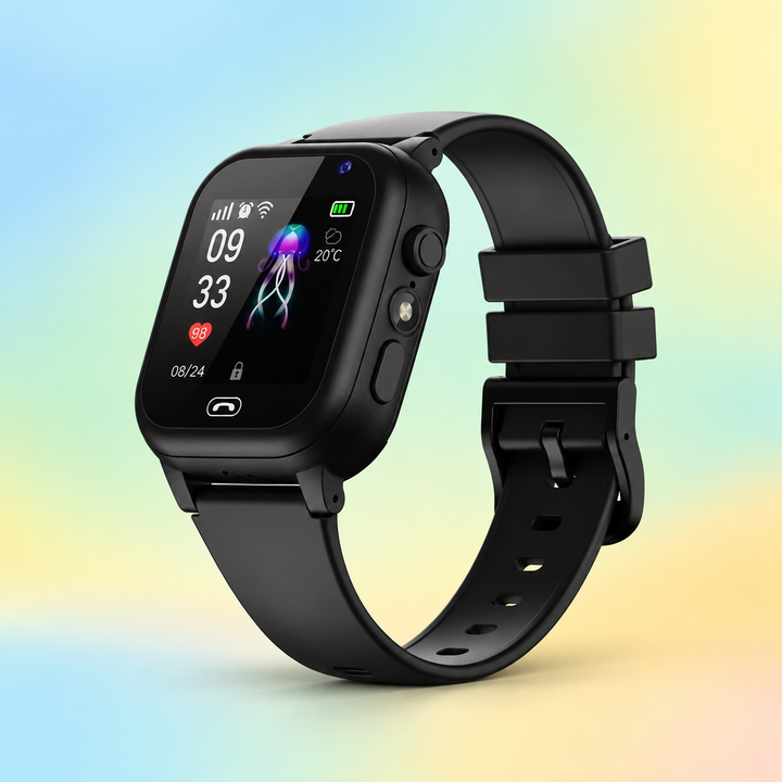 Black square-faced kids smartwatch with a jellyfish clock screen, angled view on a pastel gradient background 1