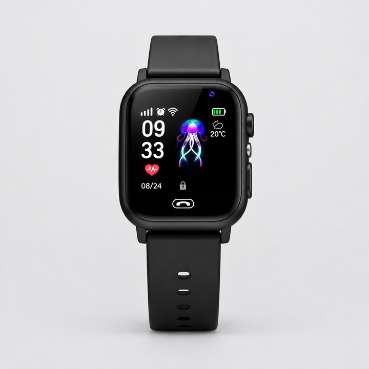 Black smartwatch seen straight on, strap holes visible, jellyfish watch face on light gray background 7