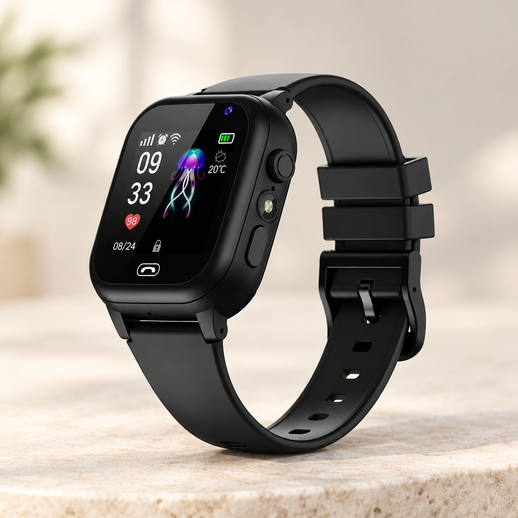 Black kids smartwatch with jellyfish watch face resting on a stone surface with a soft blurred background 7