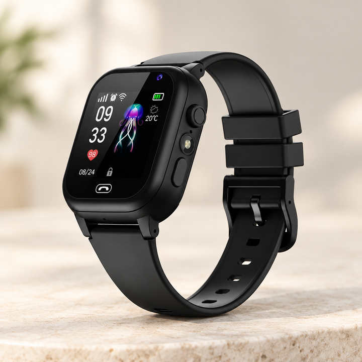Black kids smartwatch with jellyfish watch face resting on a stone surface with a soft blurred background 7