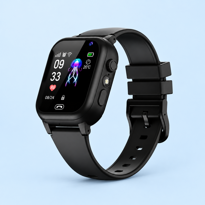 Black smartwatch on a light blue background, side buttons and buckle visible, jellyfish screen 7