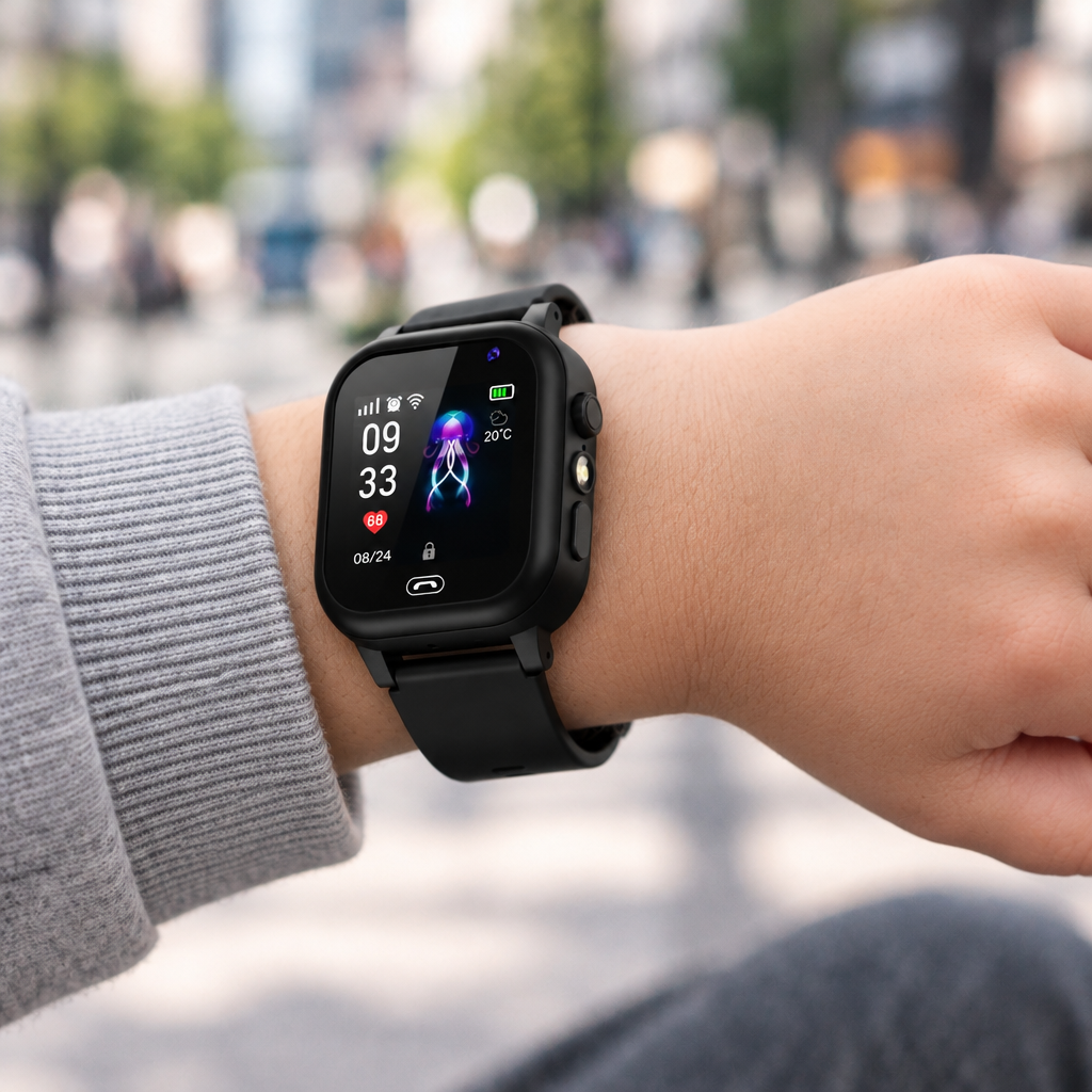 Black kids smartwatch worn on a child's wrist, showing a jellyfish watch face outdoors 1