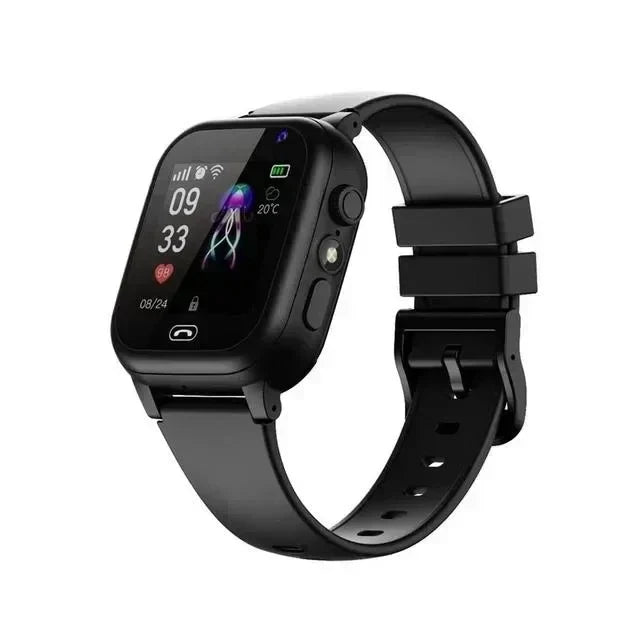 Black kids smartwatch with black silicone strap and buckle, three-quarter view on a plain white background 2