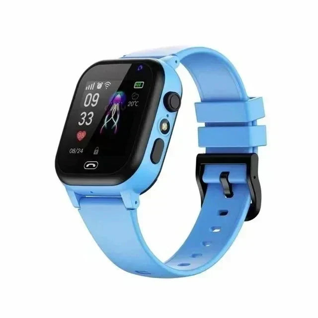 Kids smartwatch in light blue with black screen bezel and buckle, shown at an angle 2