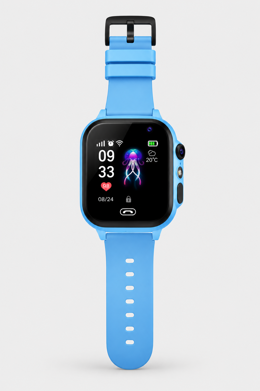 Blue smartwatch front view showing side camera, flashlight and button, strap extended below the case 9