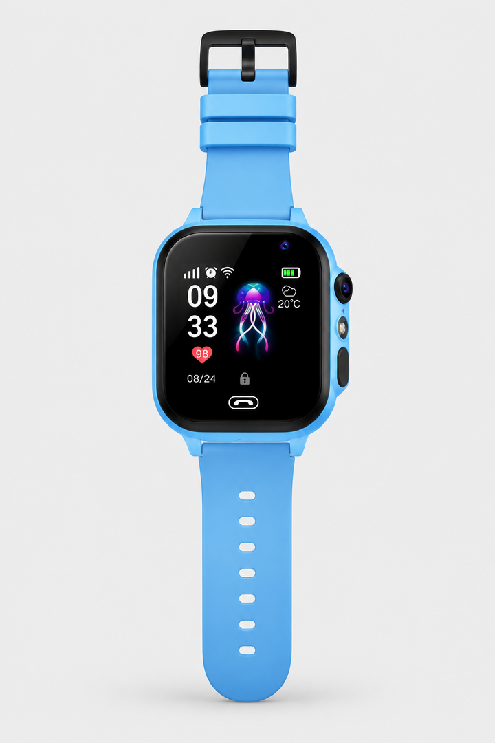 Blue smartwatch front view showing side camera, flashlight and button, strap extended below the case 9