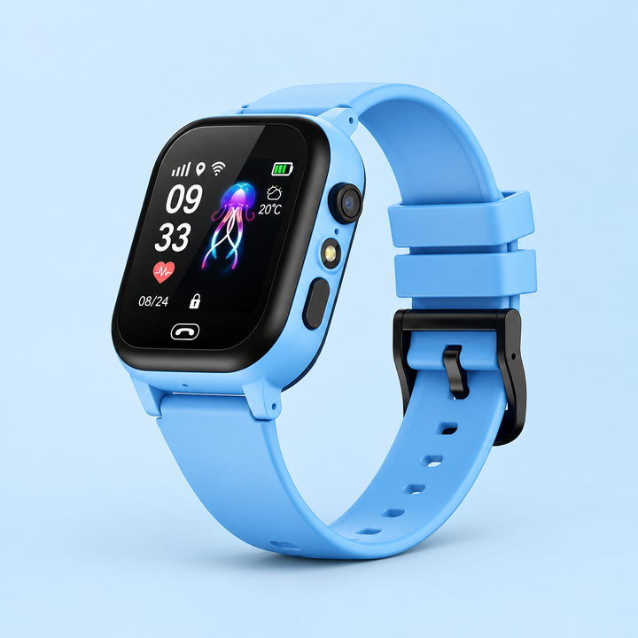 Blue smartwatch with black bezel and buckle on a light blue background, camera lens on the side 9
