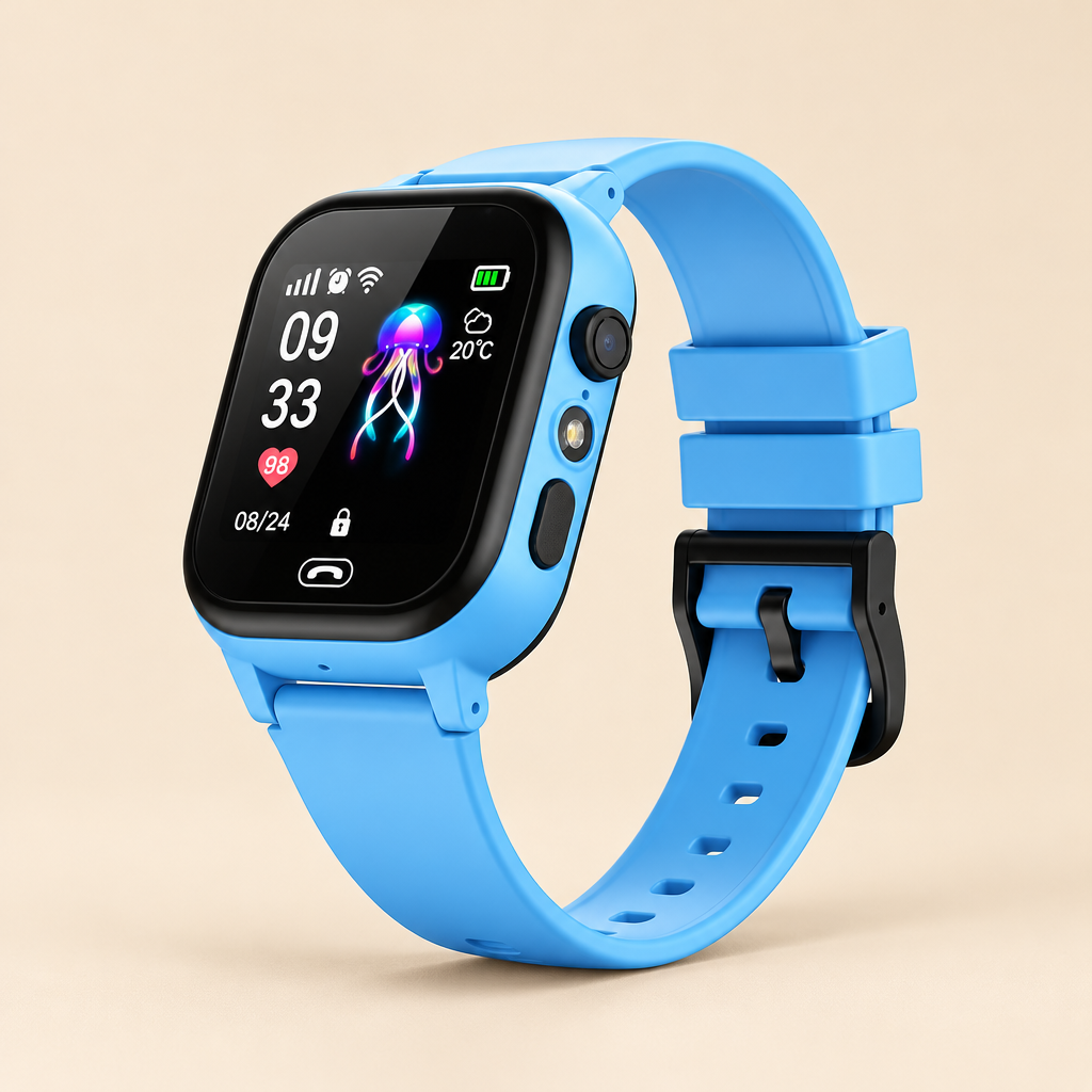 Blue kids smartwatch with black bezel and jellyfish watch face, angled view on a cream backdrop 1