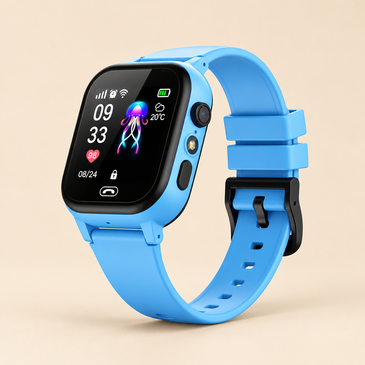 Blue kids smartwatch with black bezel and jellyfish watch face, angled view on a cream backdrop 1