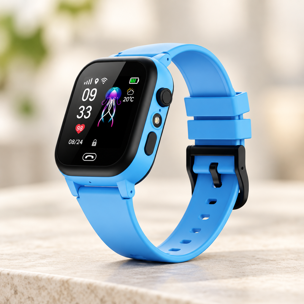 Blue kids smartwatch with black buckle standing on a stone ledge against a softly blurred background 8