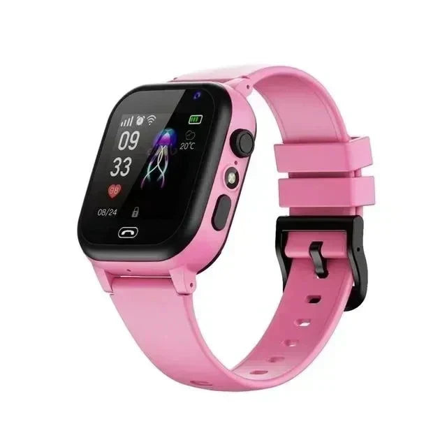 Smartwatch with a pink case and strap and a black screen, shown at an angle 4