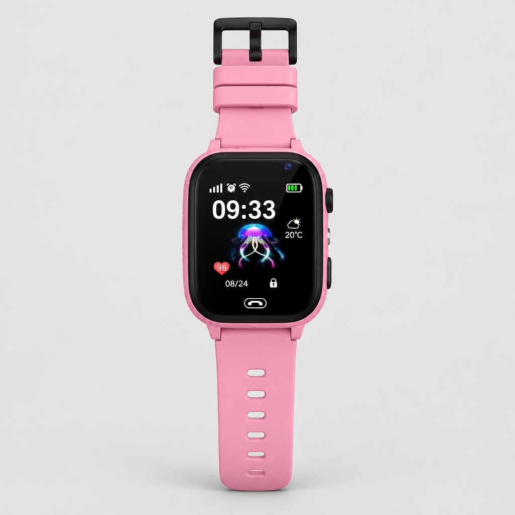 Pink smartwatch with black buckle, front view with the strap extended on light gray background 8