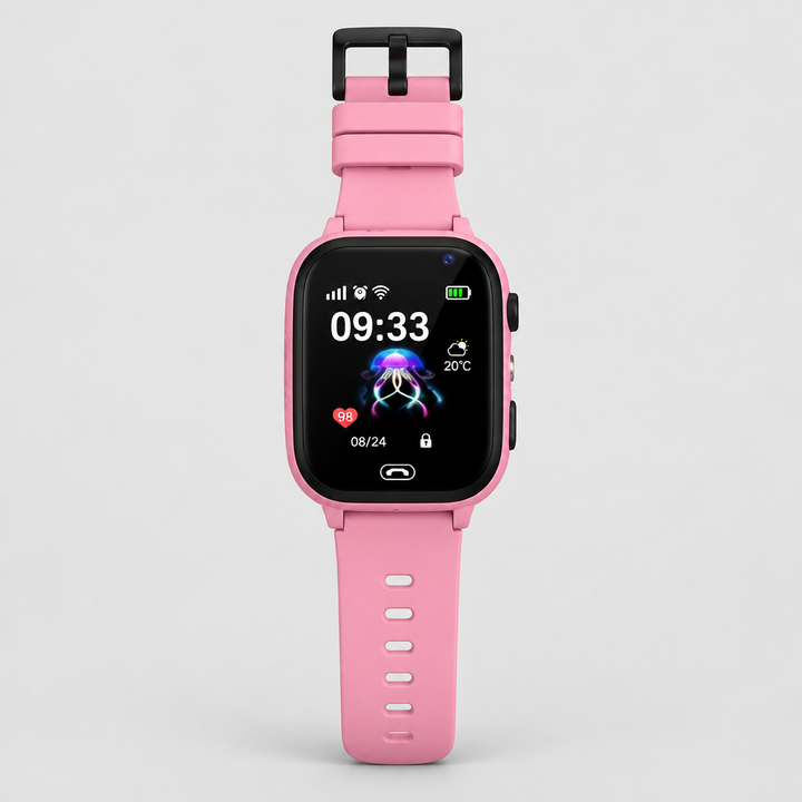 Pink smartwatch with black buckle, front view with the strap extended on light gray background 8
