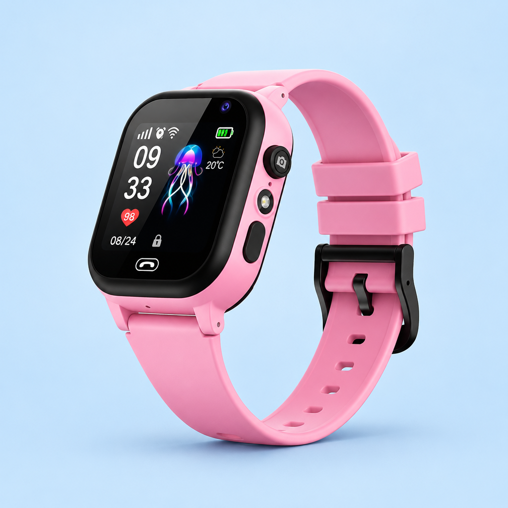 Pink smartwatch with black bezel and buckle on a light blue background, side camera button visible 8