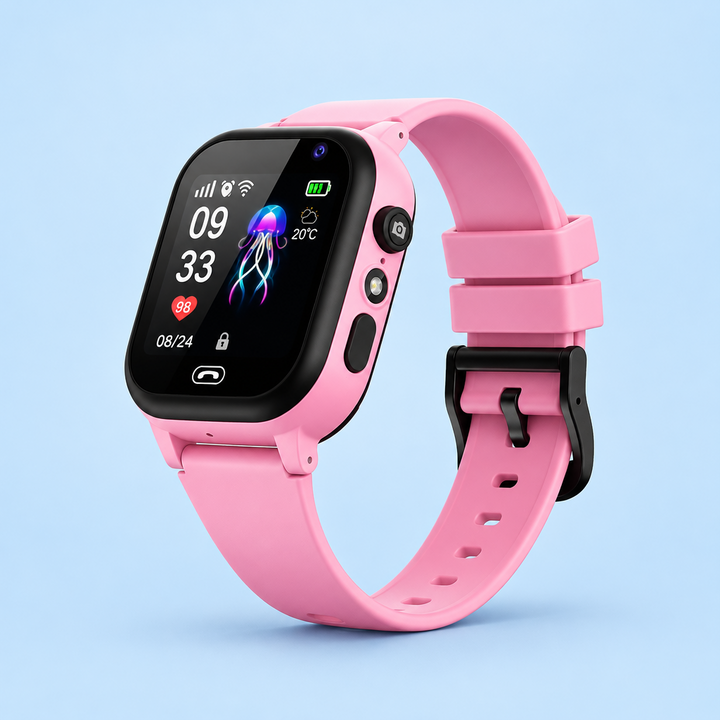 Pink smartwatch with black bezel and buckle on a light blue background, side camera button visible 8
