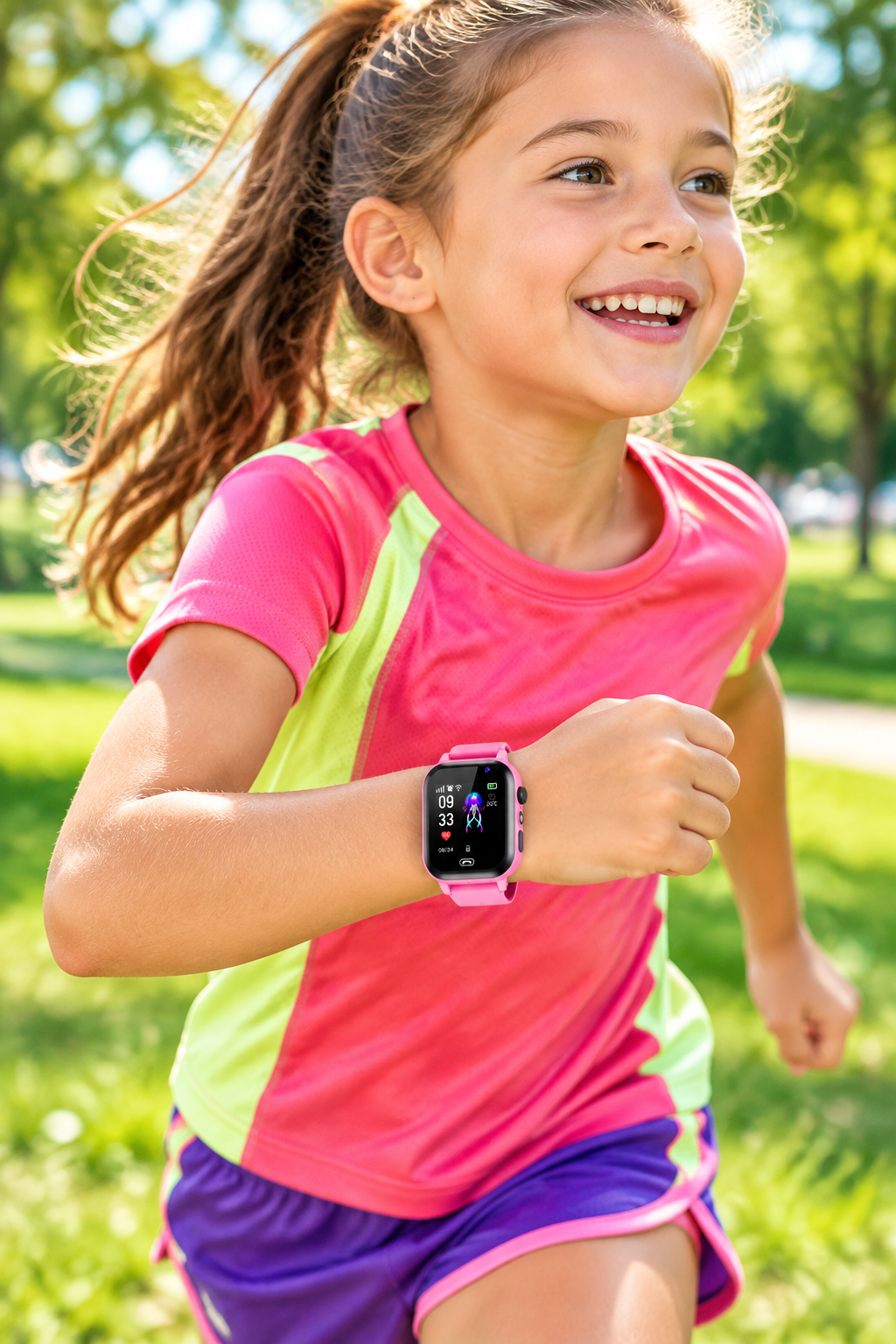 Smiling girl in a pink athletic shirt runs through a sunny park wearing the pink smartwatch 1