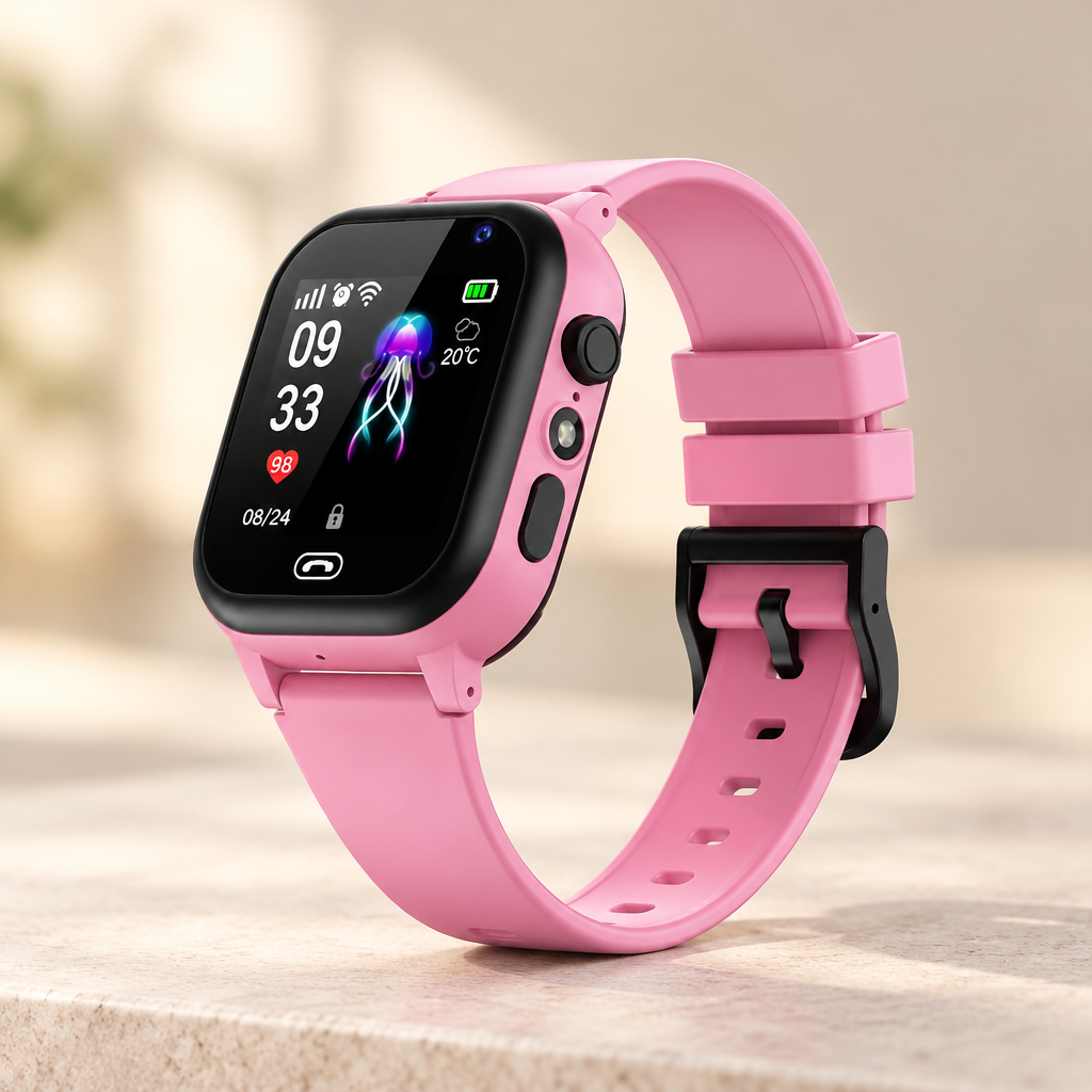 Pink kids smartwatch with black bezel and buckle resting on a stone surface with a blurred warm background 9