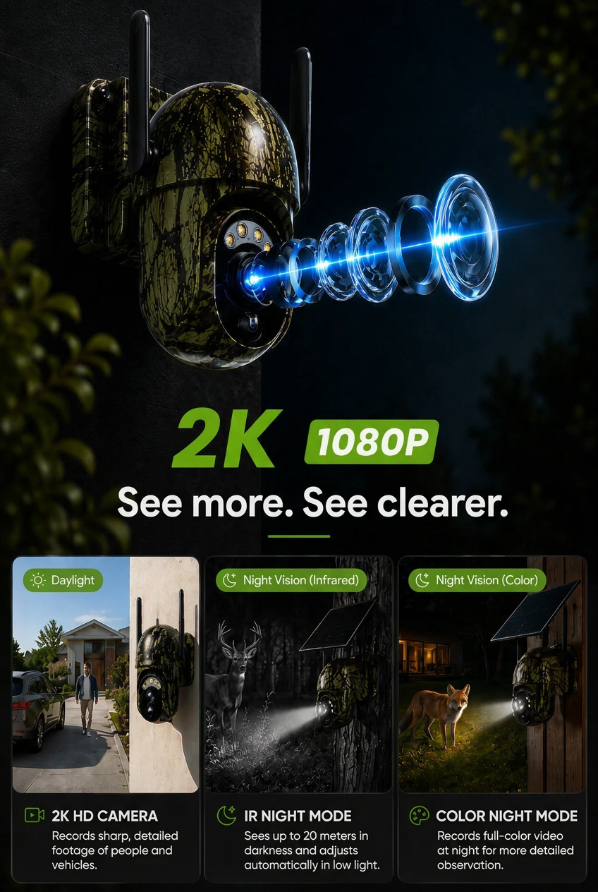 Camera on a wall with a glowing lens-stack graphic, plus three panels comparing daylight, infrared night vision and color night vision footage.