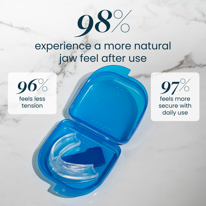 Clear mouthpiece and small blue tab inside an open blue case on white marble, shown with satisfaction statistics. 24