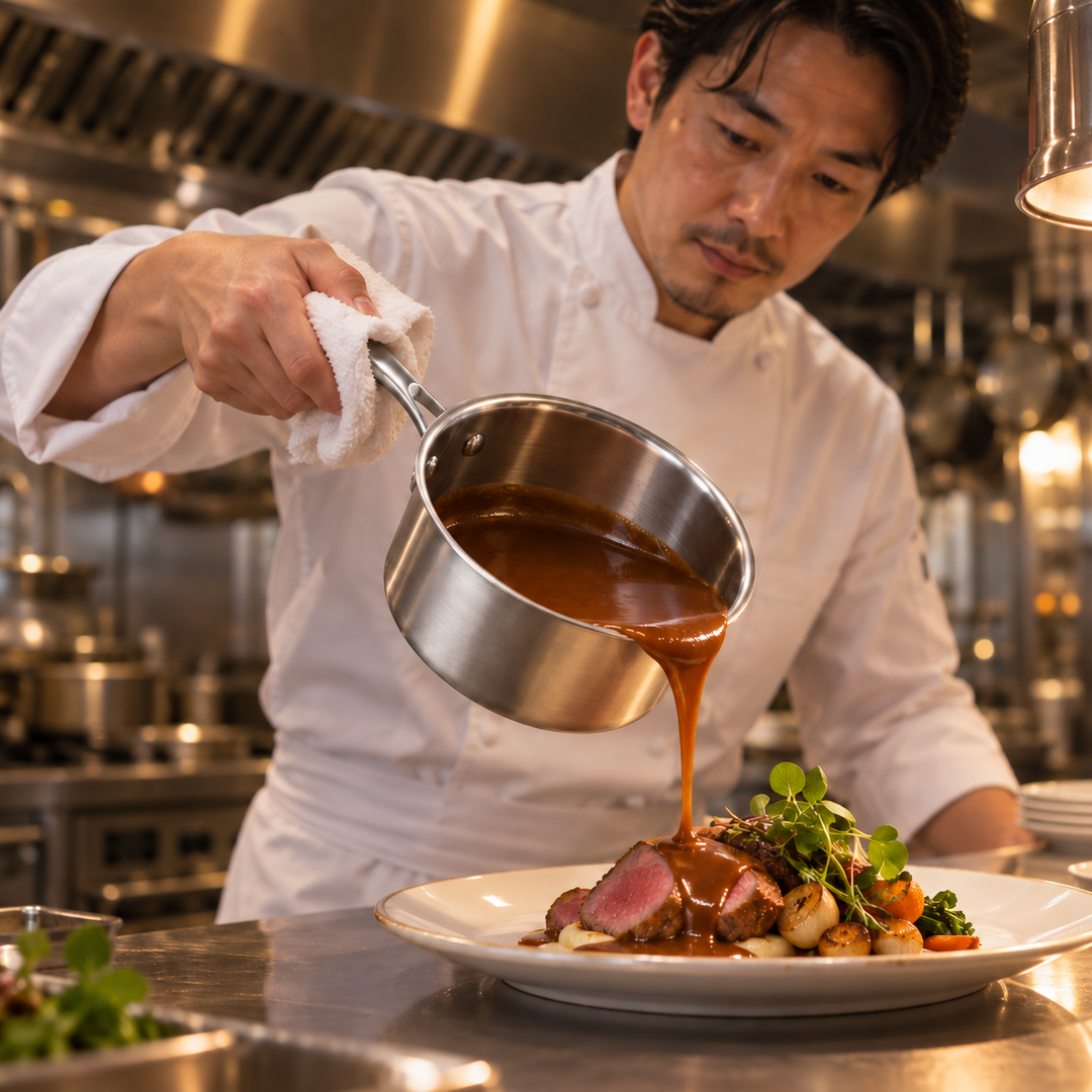 Chef tips the saucepan to pour brown sauce over a plated meat dish. 5