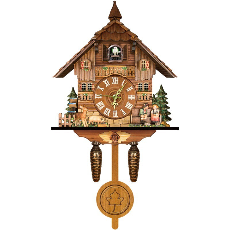 Wooden chalet clock with Roman numeral dial, fawn, pig, seated couple on bench and maple-leaf pendulum 11