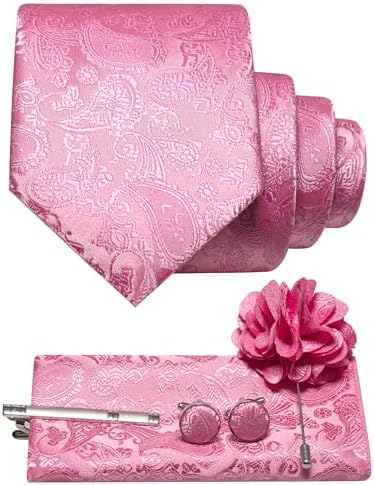 Bright pink paisley tie set with matching pocket square, cufflinks, tie clip and flower lapel pin 26