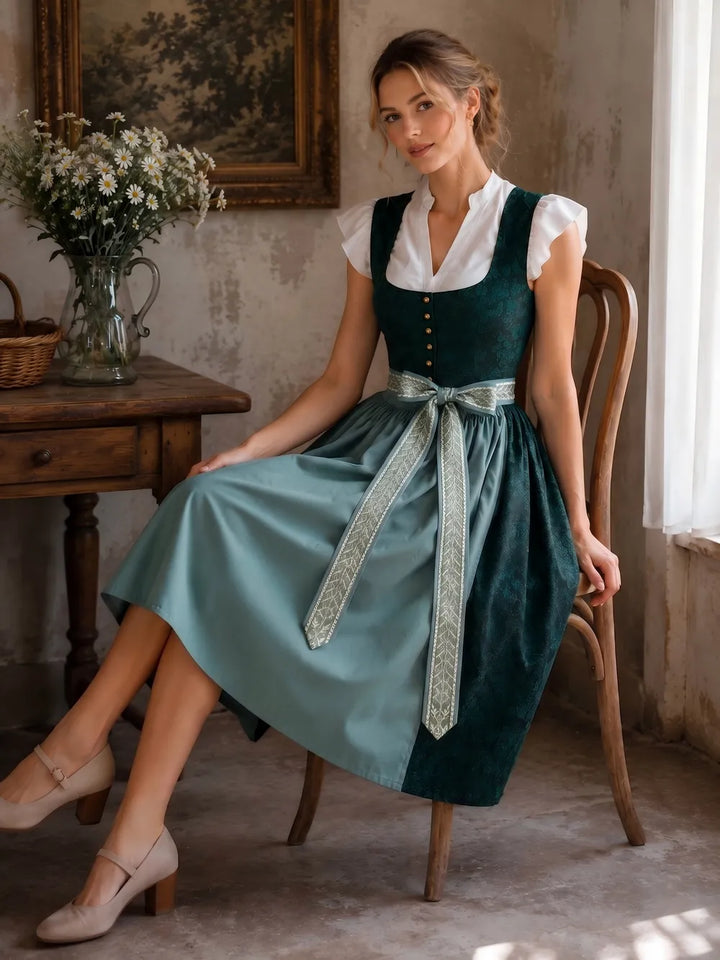 Green woven dress another view with lace-up detail and curved front hem.