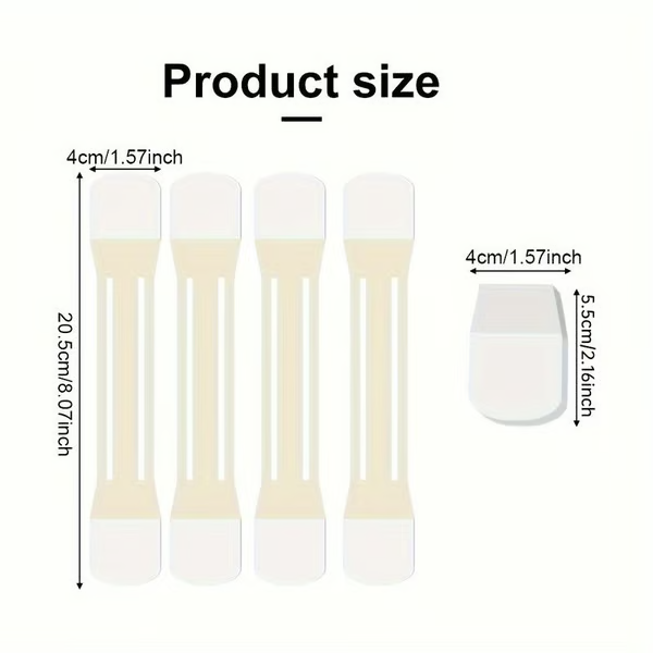 Flat diagram of neck lift tape strips and one end tab with length and width measurements.