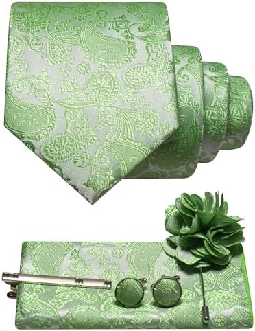 Light green paisley tie set with pocket square, cufflinks, tie clip and flower lapel pin 22