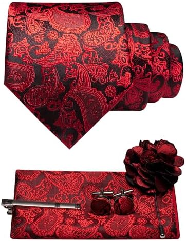 Red and black paisley tie set with pocket square, cufflinks, tie clip and flower lapel pin 8