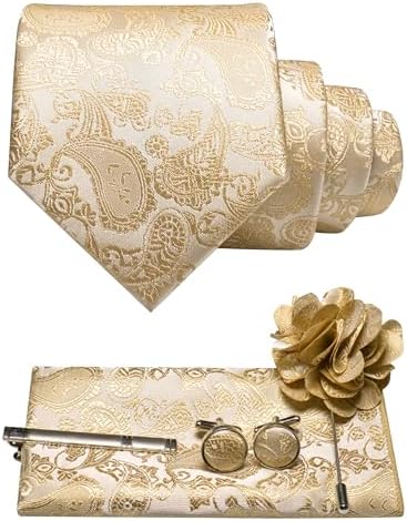 Cream and gold paisley tie set with pocket square, cufflinks, tie clip and flower lapel pin 2