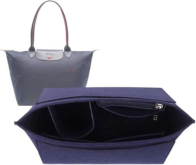 Black felt organizer insert with divided pockets and a zipper compartment, shown beside a tote.
