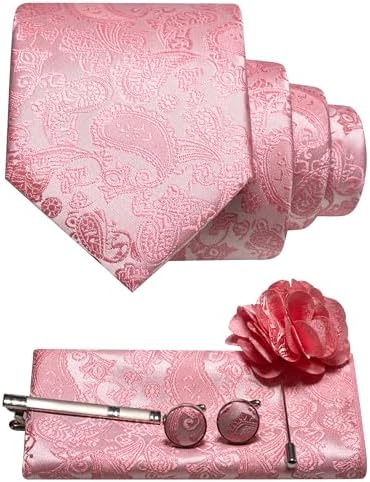 Coral pink paisley tie set with matching pocket square, cufflinks, tie clip and flower lapel pin 29