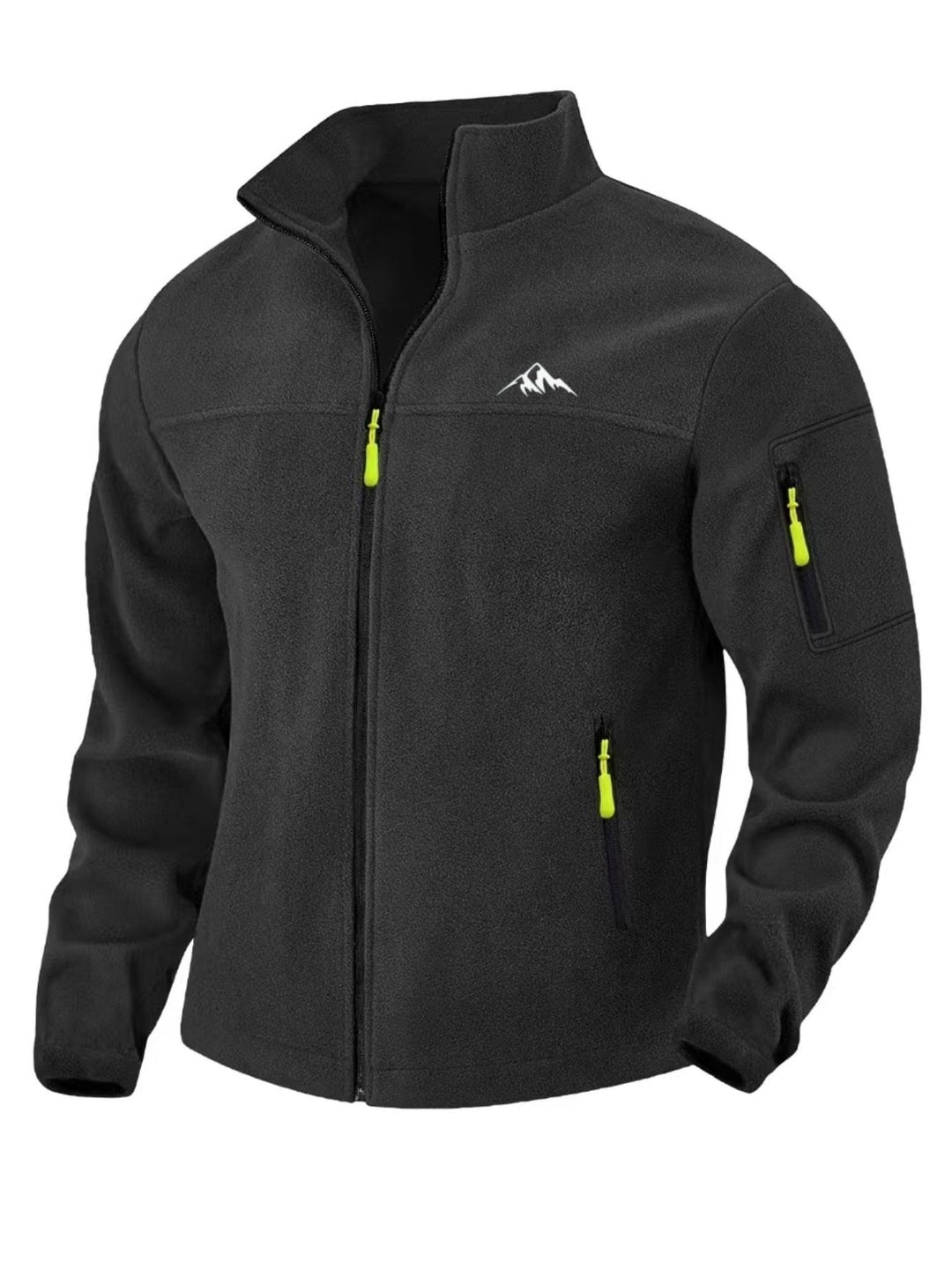 Front view of the black fleece jacket with bright lime-yellow zipper pulls and a mountain emblem on the chest 6
