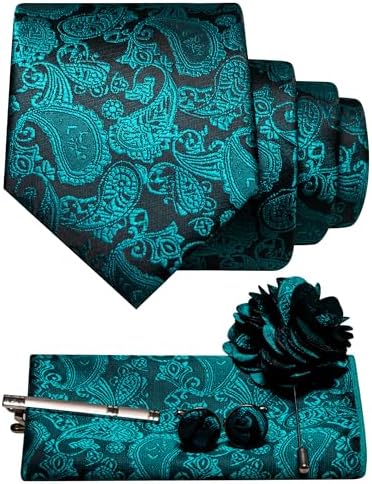 Teal paisley on black tie set with pocket square, cufflinks, tie clip and flower lapel pin 25