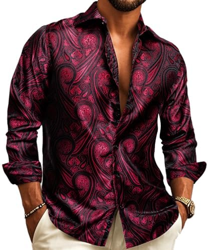 Model wearing the long-sleeve button-up shirt in deep red and black paisley jacquard, sleeves cuffed, with a gold watch.