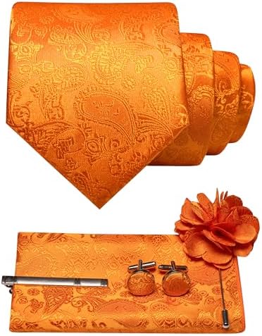 Bright orange paisley tie set with pocket square, cufflinks, tie clip and flower lapel pin 7