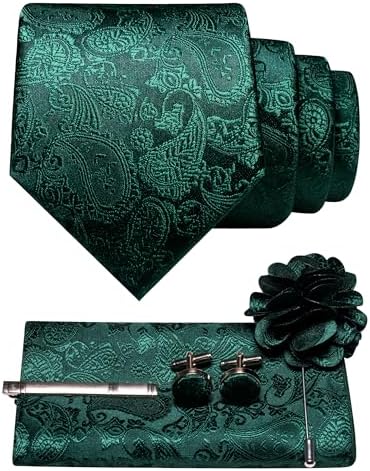 Emerald green paisley tie set with pocket square, cufflinks, tie clip and flower lapel pin 4